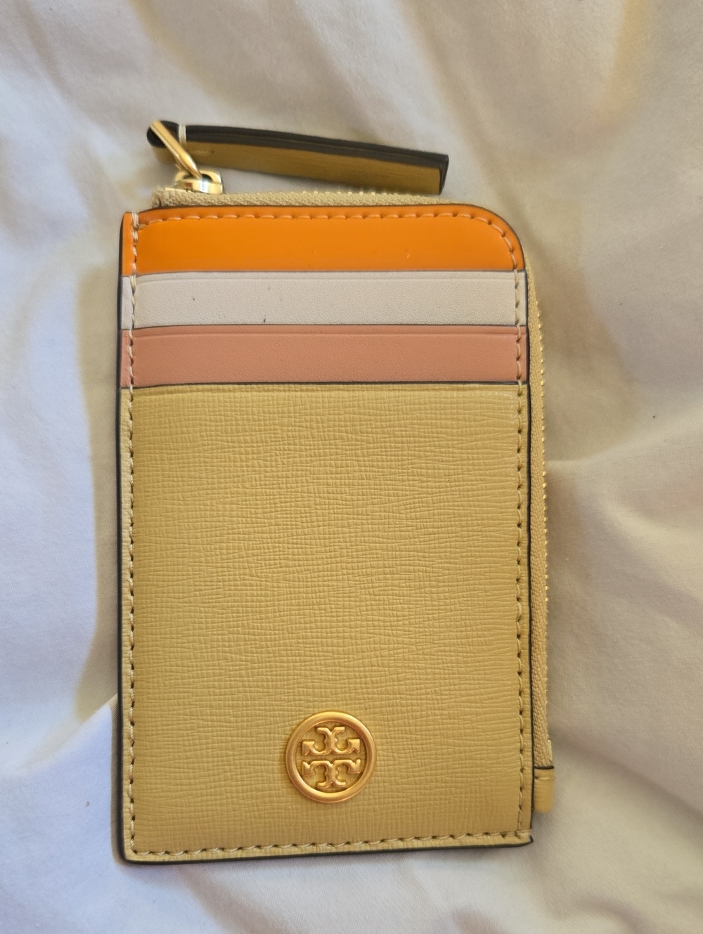 Tory Burch Yellow Leather Card Case with Orange and Blush Stripes